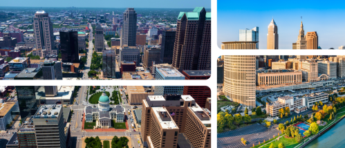 A collage featuring photos of the skylines in St. Louis and Cleveland, representing a cost-of-living comparison for renters choosing between the two cities.