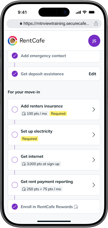 RentCafe mobile move-in checklist displaying tasks like adding renters insurance, setting up electricity, and enrolling in rewards for a smooth apartment move-in process.