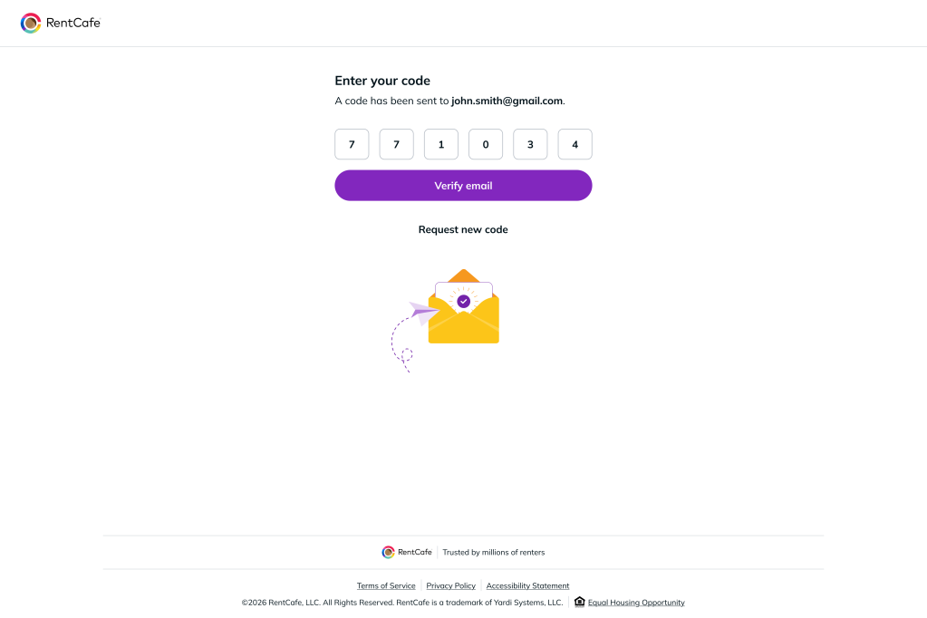 RentCafe page where renters enter a verification code that was previously sent to their email.