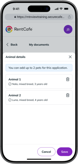 The "Animal details" section in RentCafe