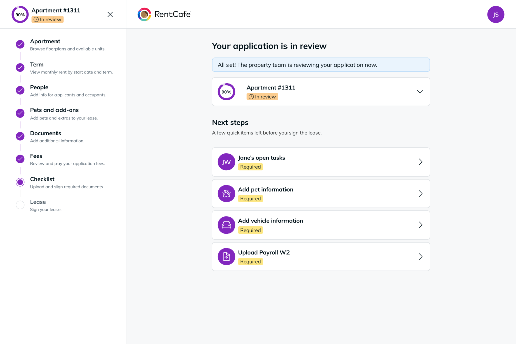 The "Application is in review" screen on RentCafe