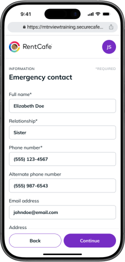 The "Emergency contact" section in RentCafe
