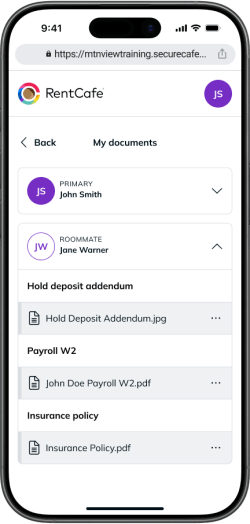 The "My documents" section in RentCafe