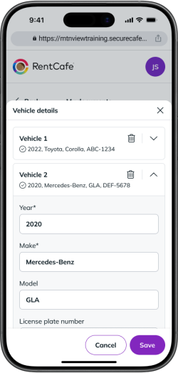 The "Vehicle details" section in RentCafe