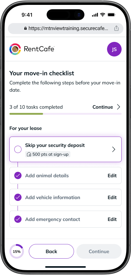 RentCafe mobile move-in checklist showing completed leasing tasks, emergency contact information, and an option to skip a security deposit through a deposit replacement program.