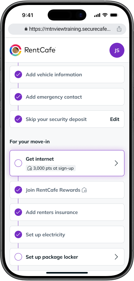 RentCafe services move-in checklist featuring internet setup, renters insurance, electricity activation, package locker access, and RentCafe Rewards enrollment for new residents.