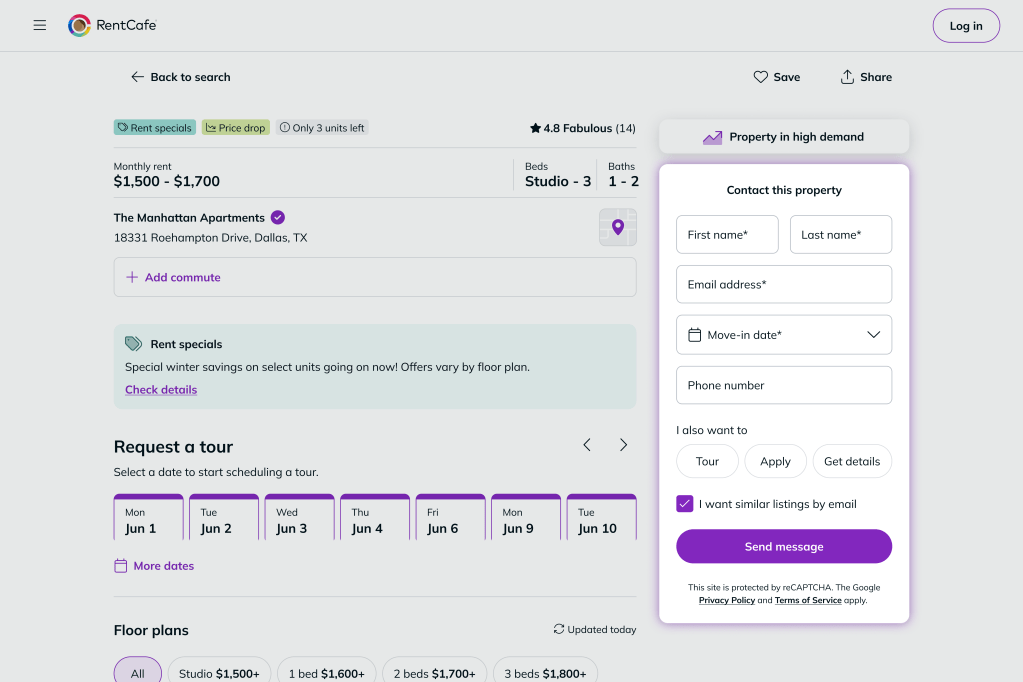 Contacting a property during an apartment search on RentCafe.