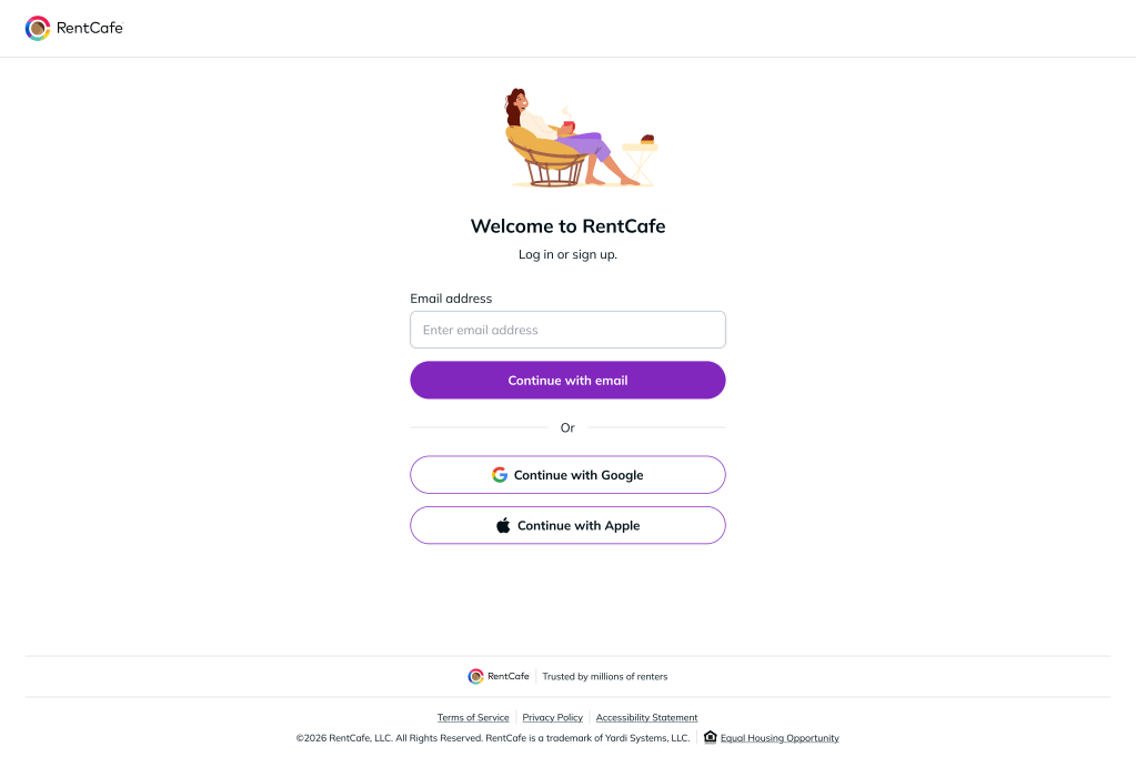 A desktop screenshot of the RentCafe login screen for renters who want to create a RentCafe account. 