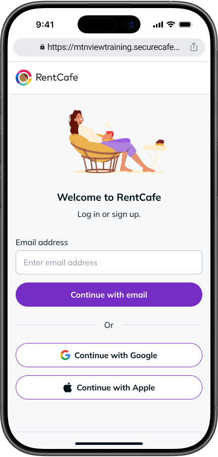 A mobile screenshot of the RentCafe login screen where renters can create a RentCafe account. 