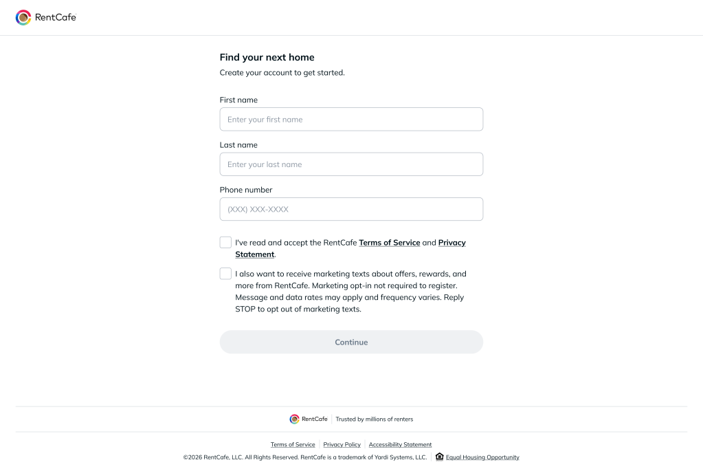 A desktop screenshot of the personal details page that renters need to fill in to create a RentCafe account. 
