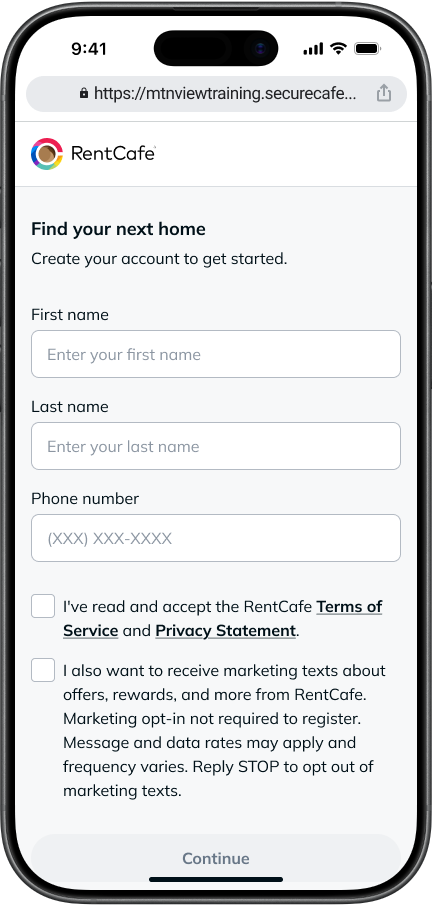 A mobile screenshot of the personal details screen where renters can add their name and phone number to create a RentCafe account.