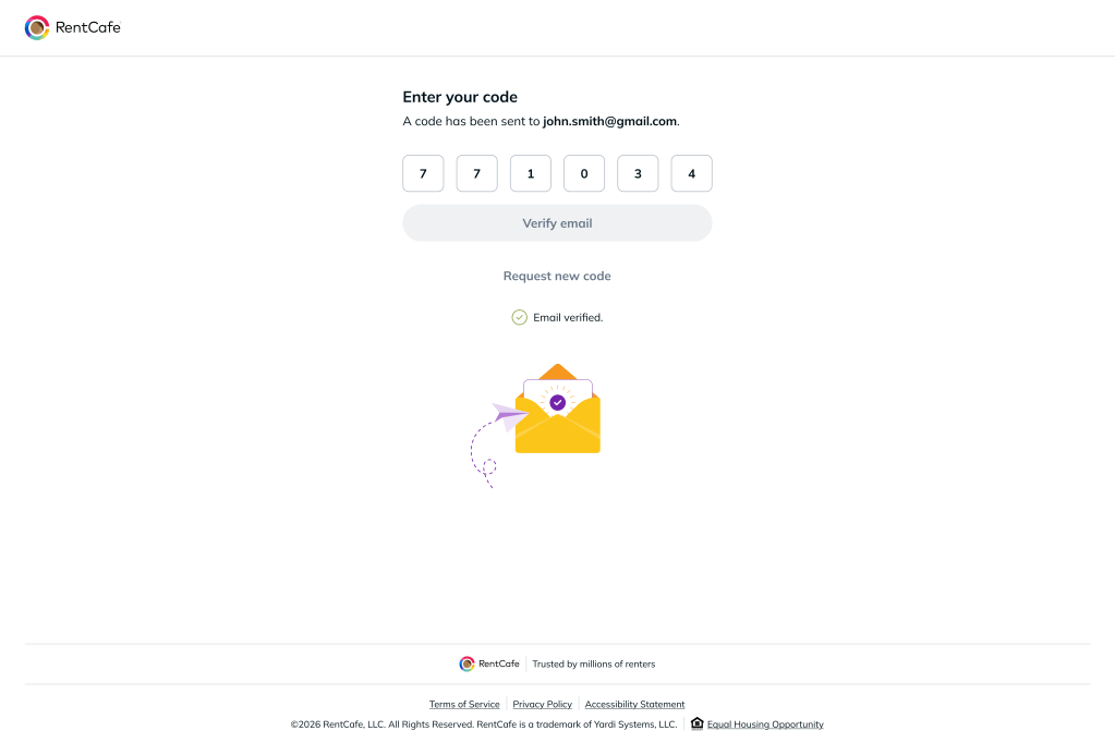 A desktop screenshot of the email verification confirmation message as a step renters need to complete to create a RentCafe account. 