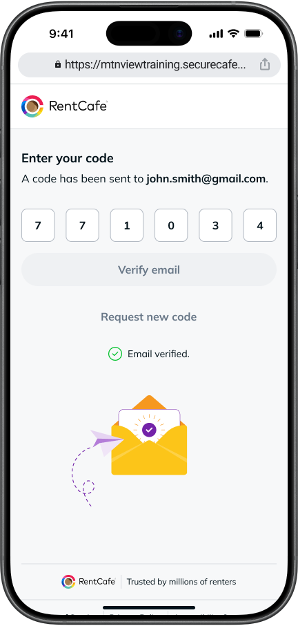 A mobile screenshot of the email verified confirmation needed to create a RentCafe account.