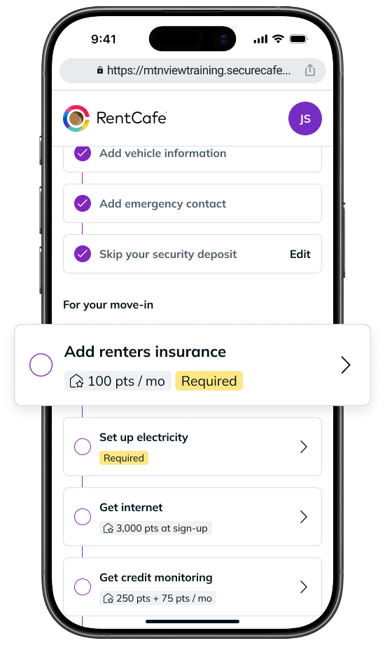 RentCafe mobile move-in checklist on iPhone displaying required tasks including "Add renters insurance" highlighted as a required step.