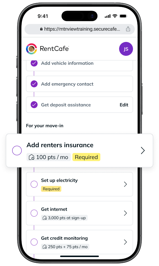 RentCafe mobile move-in checklist on iPhone displaying required tasks including Add renters insurance highlighted as a required step.