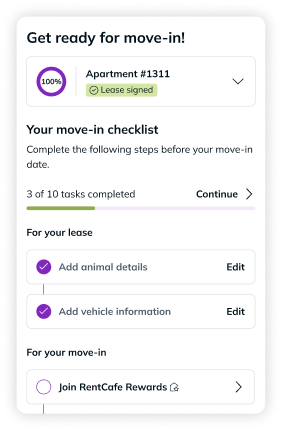 RentCafe mobile app move-in checklist screen showing lease-signed status, completed tasks like animal details and vehicle information, and an option to join RentCafe Rewards before move-in date.