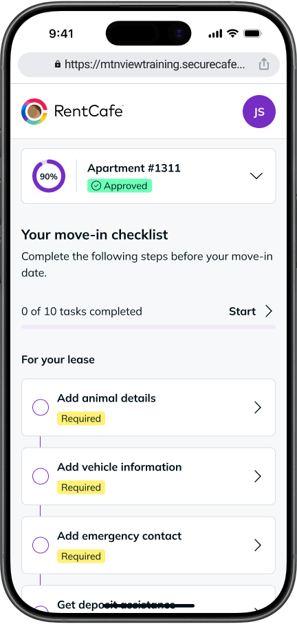 RentCafe mobile app displaying a move-in checklist for an apartment with required lease tasks including adding animal details, vehicle information, and emergency contact, showing 0 of 10 tasks completed.