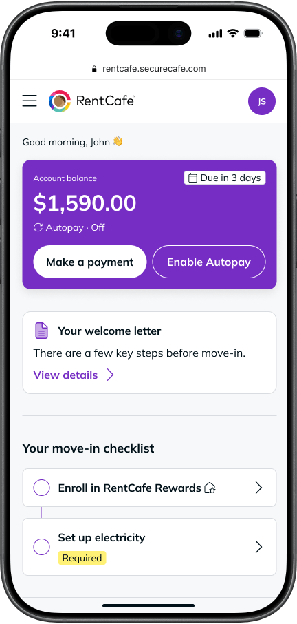 RentCafe resident portal on mobile showing a welcome dashboard with account balance, payment options, and a move-in checklist featuring tasks like enrolling in RentCafe Rewards and setting up electricity.
