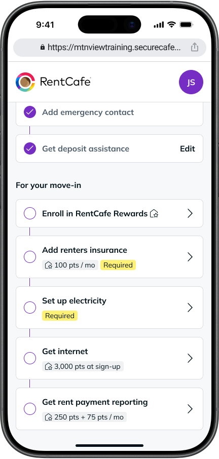 RentCafe mobile move-in checklist showing services setup tasks including renters insurance, electricity, internet, and rent payment reporting, with RentCafe Rewards points available for each completed step.