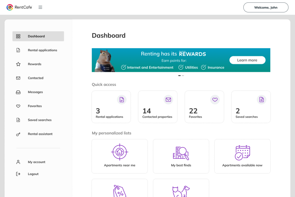 A desktop screenshot of the My account dashboard renters can access after they create a RentCafe account. 