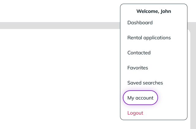 Desktop screenshot of the main menu where renters can access the My account dashboard after they create a RentCafe account. 