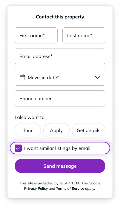 Screenshot of the contact form that renters can use to reach out to a property.