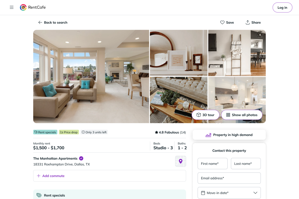 Opening a property listing page while searching for apartments on RentCafe.