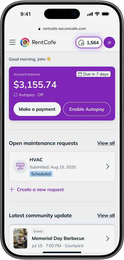 RentCafe mobile home screen displaying a resident's RentCafe Rewards points balance of 1,564 in the top navigation bar.