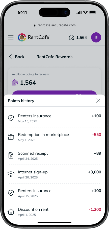 RentCafe Rewards points history screen on mobile showing a detailed log of earned and redeemed points, including transactions for renters insurance, marketplace redemptions, scanned receipts, internet sign-ups, and rent discounts.