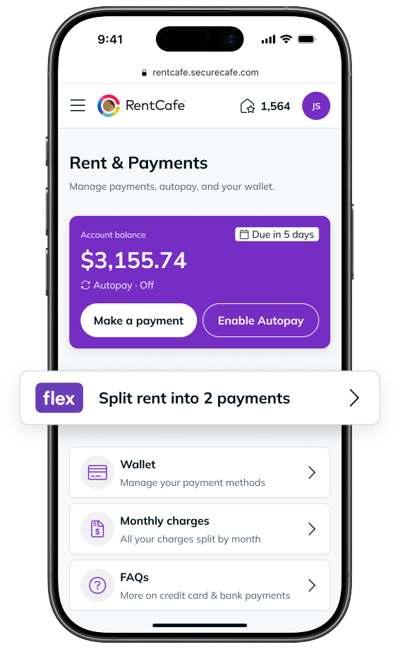RentCafe dashboard showing rent payments, autopay options, account balance details, and a flexible rent payment service within the resident portal.
