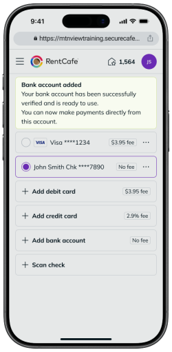 "Bank account verified" confirmation message after instant verification on RentCafe