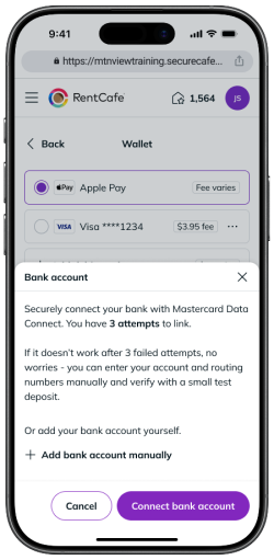 The option to instantly verify your bank account on RentCafe
