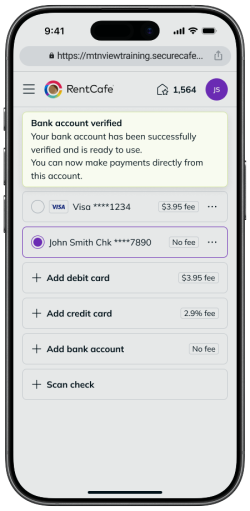 Confirmation message after manually verifying your bank account on RentCafe