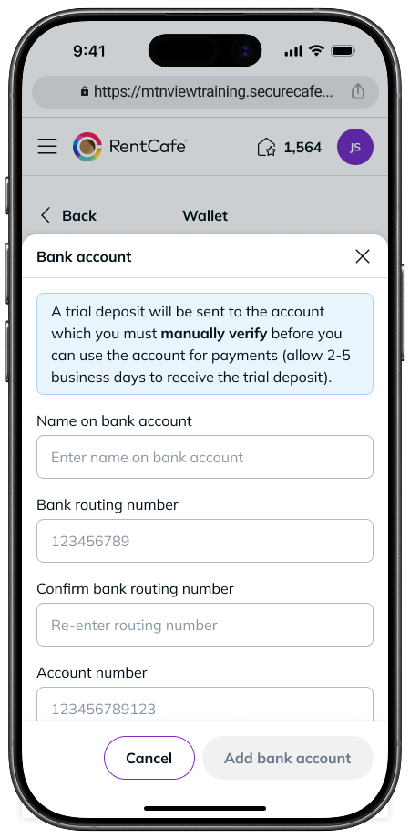The option to manually verify your bank account on RentCafe