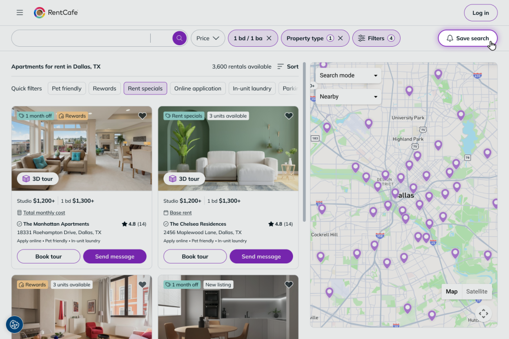 Saving search results during an apartment search on RentCafe.