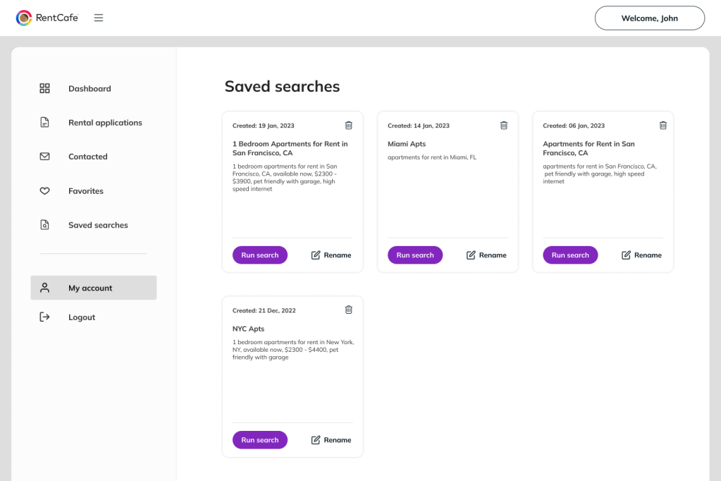 Screenshot of the "Saved searches" category in the "MY account" dashboard renters can access.