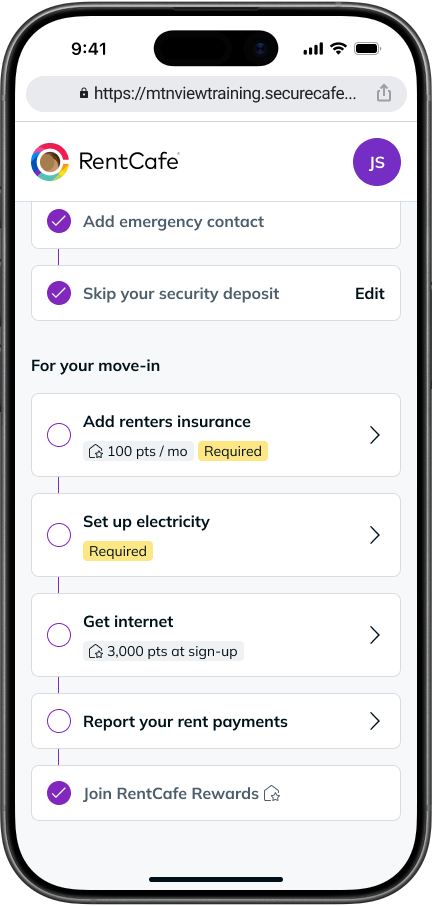 RentCafe mobile move-in checklist displaying tasks like adding renters insurance, setting up electricity, and joining RentCafe Rewards for a smooth apartment move-in process.