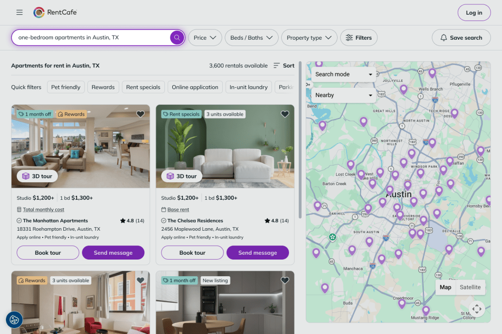 Desktop screen with the results for a one-bedroom apartment in Austin, TX, search.