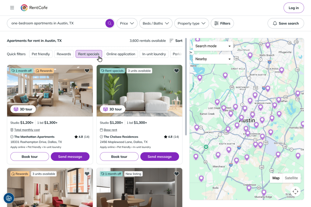 Search page with results for an apartment search for Austin and the Rent specials filter highlighted in purple.