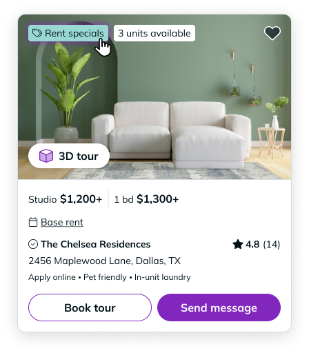 A rental listing on RentCafe with the "Rent specials" label highlighted.