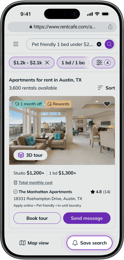 Mobile screenshot of the RentCafe search page results with the "Save search" button highlighted.