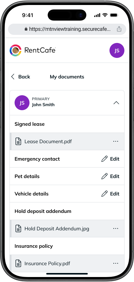 A mobile screenshot showing the "My documents" section in RentCafe.