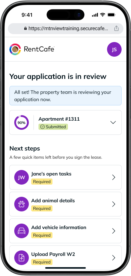 A mobile screenshot showing the "Application in review" screen in RentCafe.