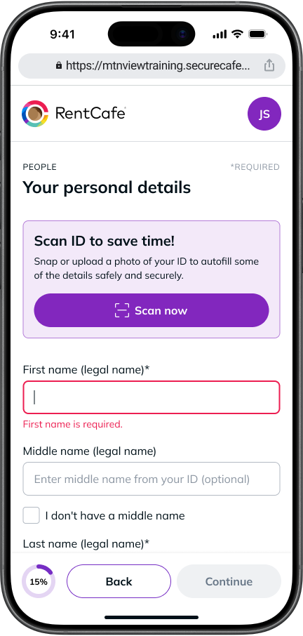 Mockup of the RentCafe.com Portal highlighting how the renter has not correctly completed one of the fields.