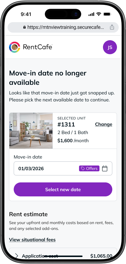 Mockup of the RentCafe.com Portal showing the outcome of a common application error that renters can encounter.