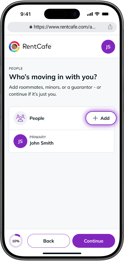 Visual of how to add people as roommates in the RentCafe interface.