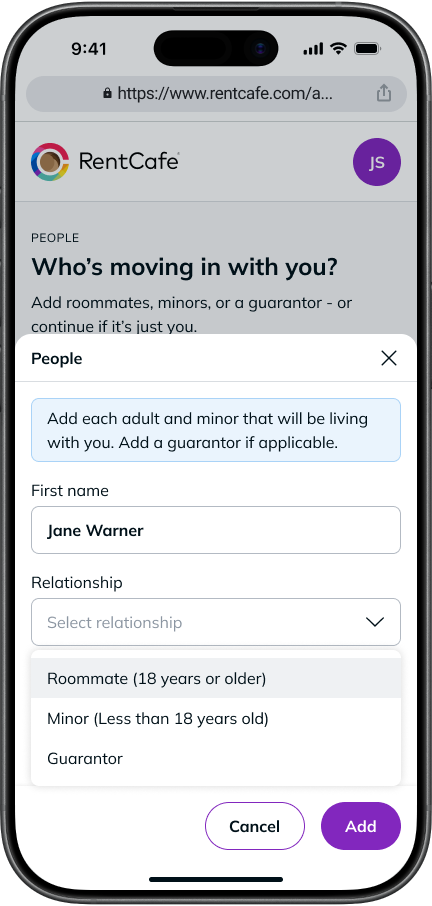 Visual showing how renters can choose the relationship description for the roommate they plan to invite.