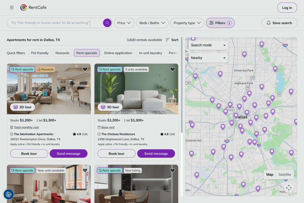 Image of the RentCafe.com listings' page showing the Rent specials filter.