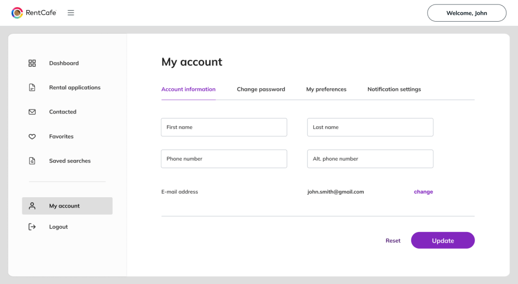 A screenshot of the "Account information" section in the "My account" page on RentCafe.