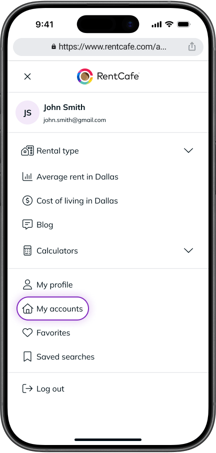 The side menu on RentCafe on mobile, with the "My accounts" button highlighted.
